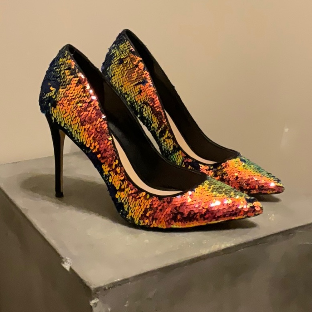 Sequin iridescent multi color high heel pump.